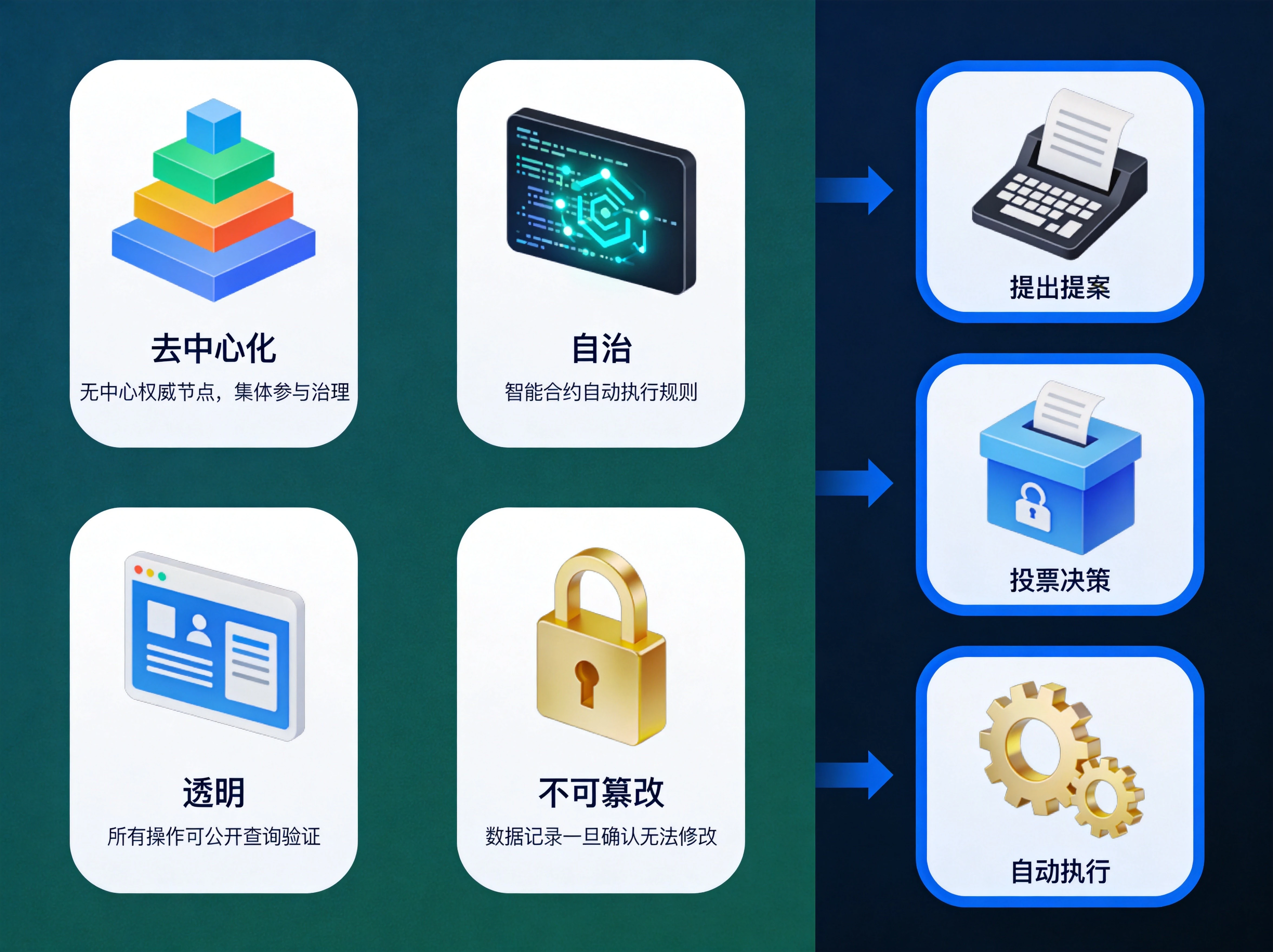 左右分栏信息图,左栏展示去中心化、自治、透明、不可篡改四大核心特征卡片及对应图标;右栏展示"提出提案→投票决策→自动执行"三步运作流程,配箭头和对应图标 左右分栏信息图,左栏展示去中心化、自治、透明、不可篡改四大核心特征卡片及对应图标;右栏展示"提出提案→投票决策→自动执行"三步运作流程,配箭头和对应图标