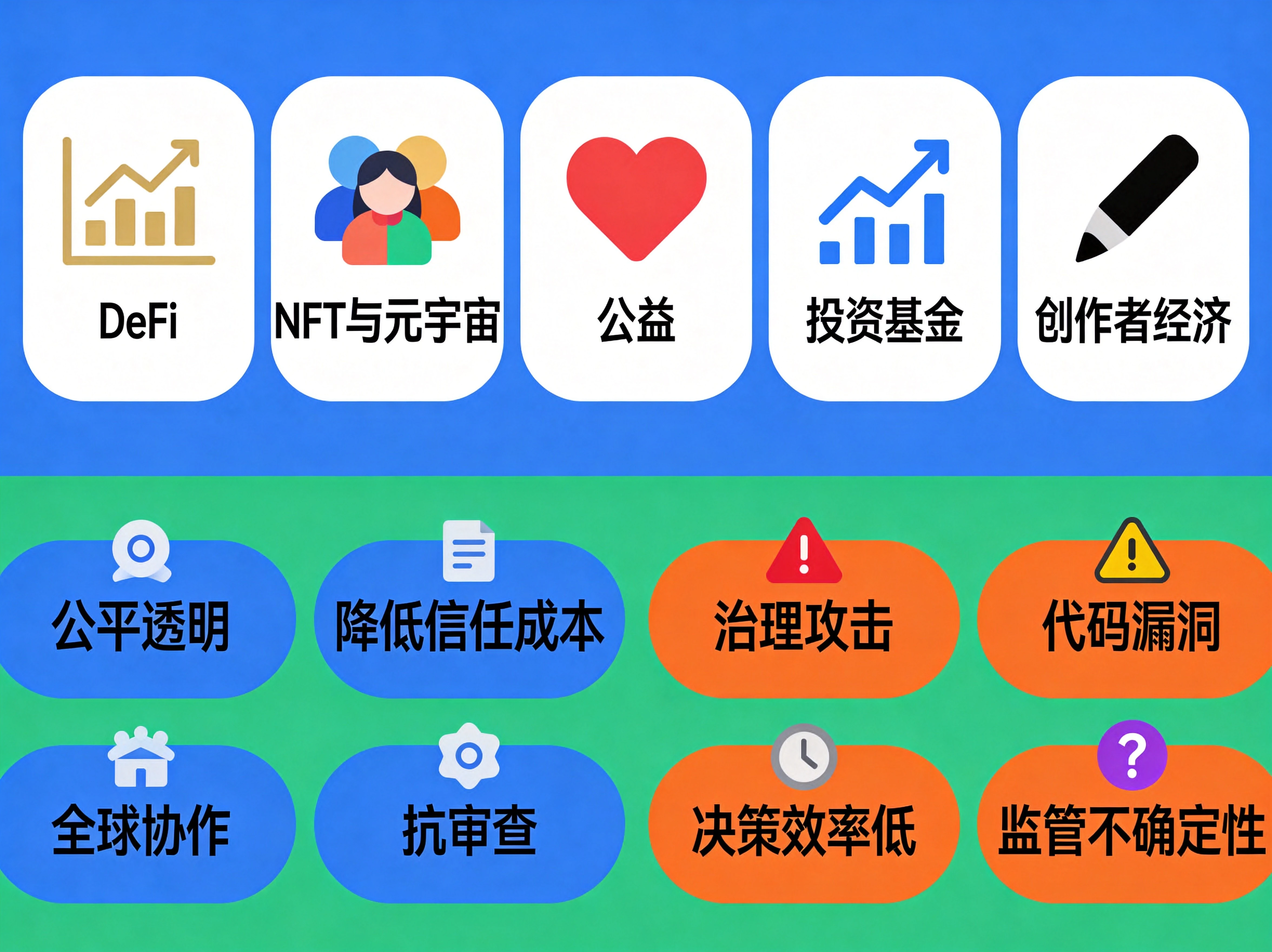 上下分栏设计,上半部分展示DeFi、NFT与元宇宙、公益、投资基金、创作者经济五大应用场景卡片;下半部分左右对比四大优势与四大风险,配对应标识 上下分栏设计,上半部分展示DeFi、NFT与元宇宙、公益、投资基金、创作者经济五大应用场景卡片;下半部分左右对比四大优势与四大风险,配对应标识