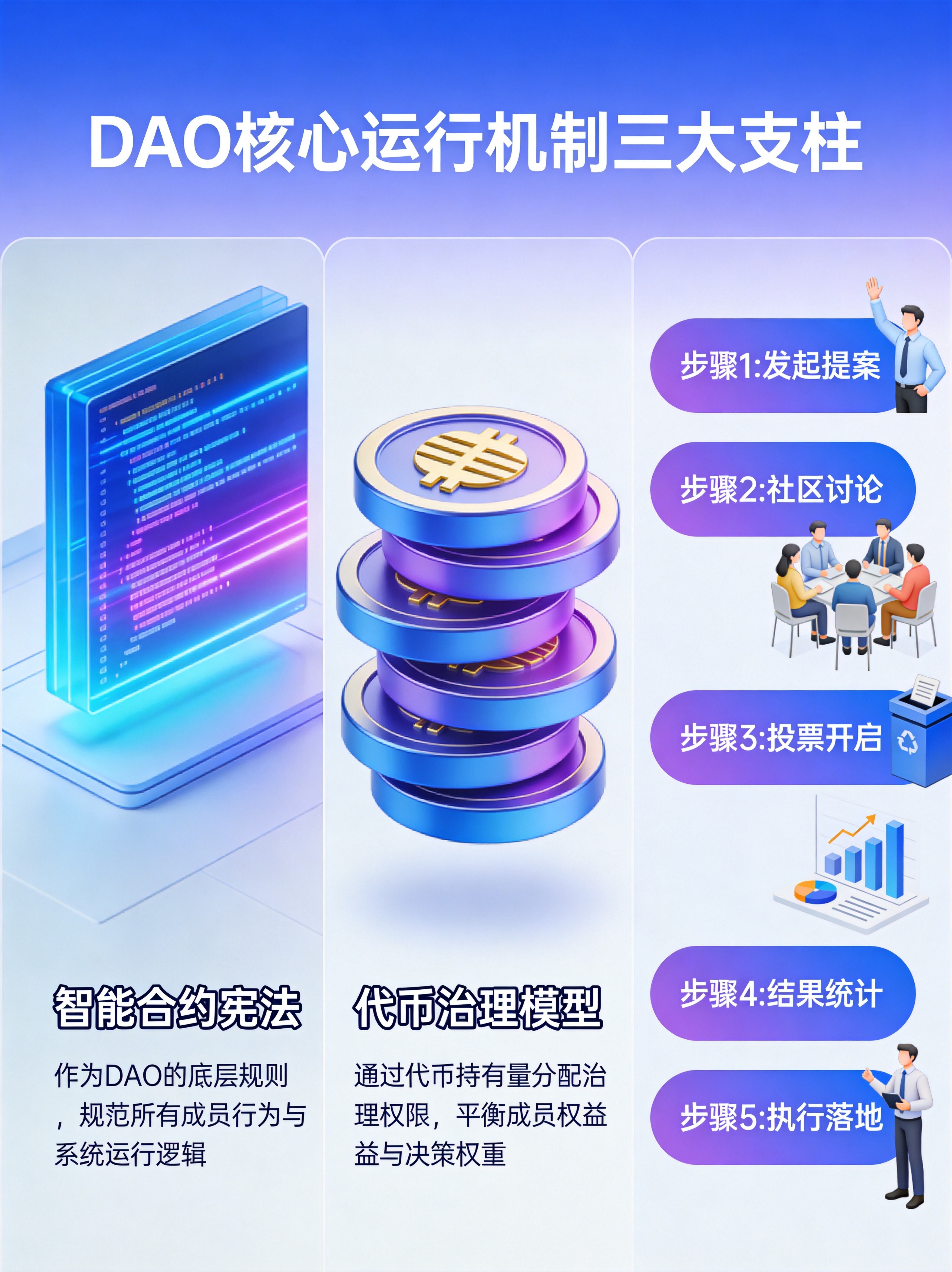  DAO核心运行机制三大支柱图，展示智能合约宪法、代币治理模型(一币一票/时间加权/多元治理)、提案投票五步骤(发起→讨论→投票→执行→记录)