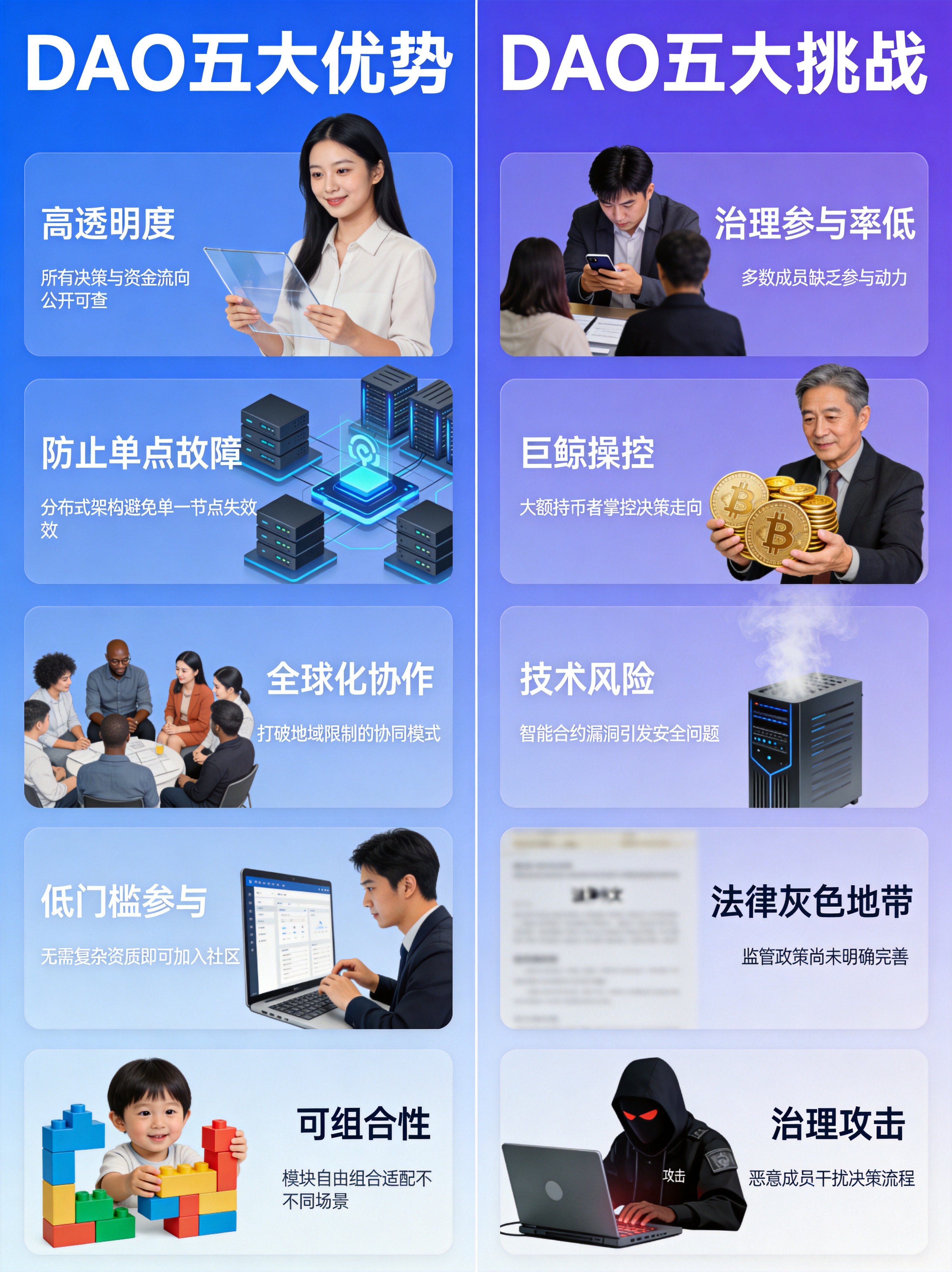 DAO优势与挑战对比图，展示高透明度、防止单点故障、全球化协作、低门槛参与、可组合性五大优势，以及治理参与率低、巨鲸操控、技术风险、法律灰色地带、治理攻击五大挑战