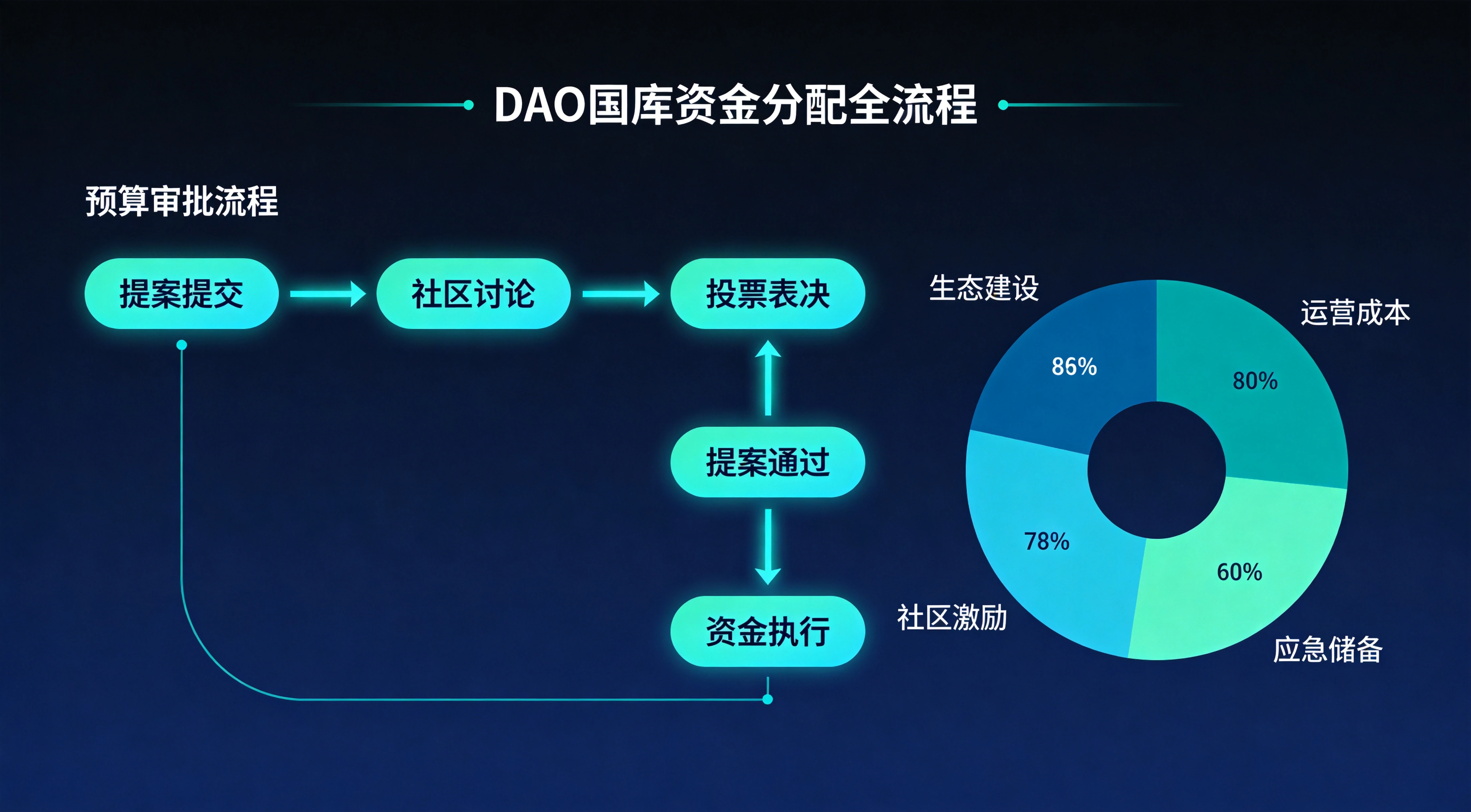 DAO国库资金分配全流程可视化图,直观展示预算审批从提案发起、社区讨论、投票表决到执行的完整路径,同时呈现不同支出类别的占比分布,帮助读者快速理解资金分配的逻辑 DAO国库资金分配全流程可视化图,直观展示预算审批从提案发起、社区讨论、投票表决到执行的完整路径,同时呈现不同支出类别的占比分布,帮助读者快速理解资金分配的逻辑