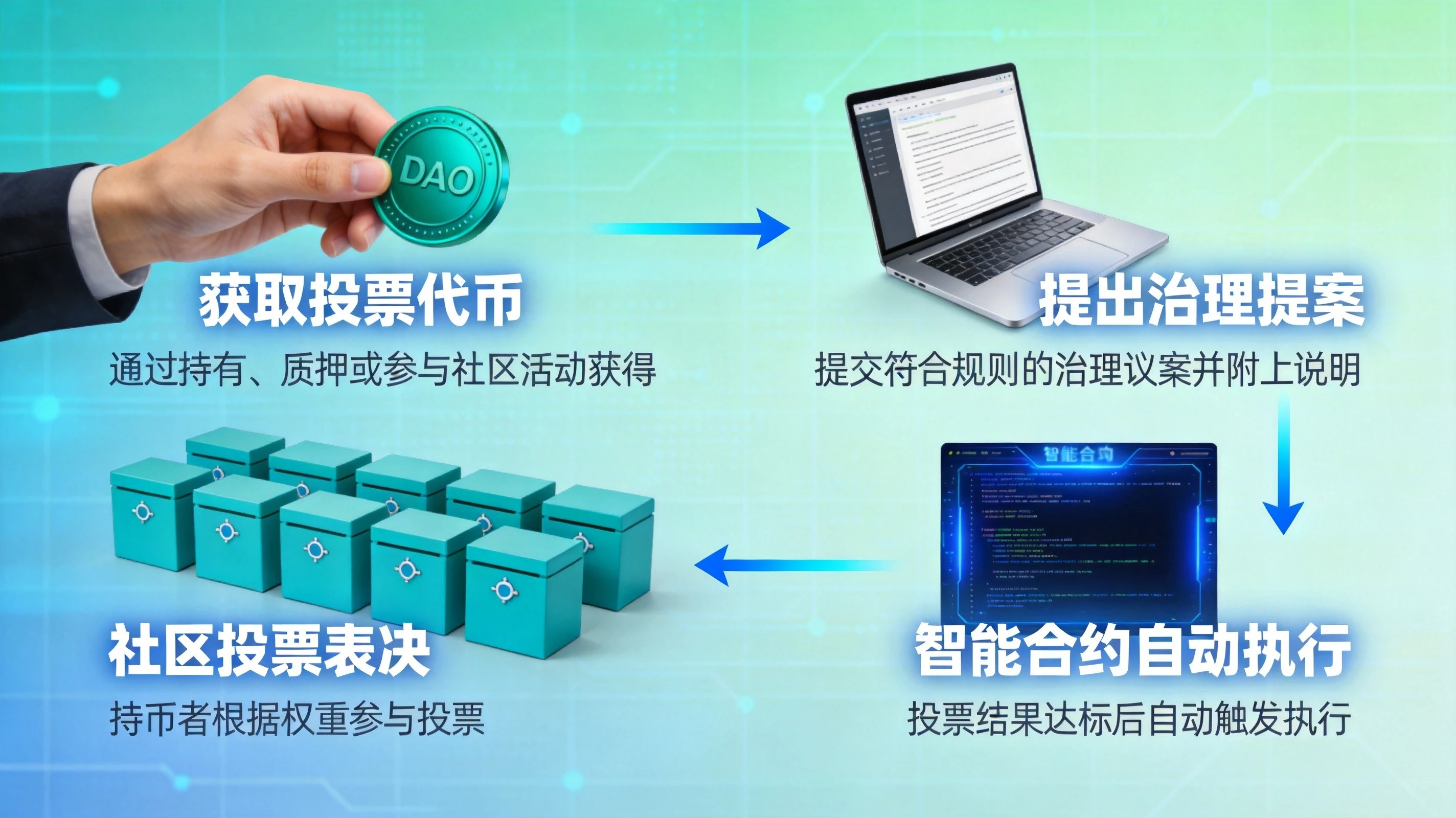 蓝绿色科技风格DAO投票运作流程图,展示获取代币、提出提案、投票表决、自动执行四步核心流程 蓝绿色科技风格DAO投票运作流程图,展示获取代币、提出提案、投票表决、自动执行四步核心流程