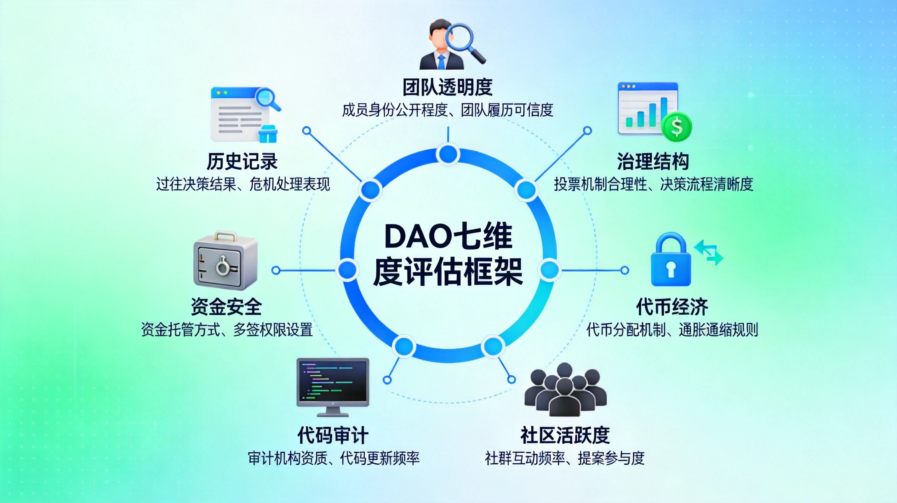 蓝绿色科技风格DAO七维度评估框架图,环形展示团队透明度、治理结构等七个核心维度及评估要点 蓝绿色科技风格DAO七维度评估框架图,环形展示团队透明度、治理结构等七个核心维度及评估要点